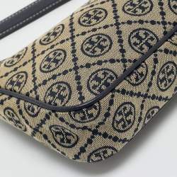 Pre Owned Tory Burch Navy Blue T Monogram Jacquard and Leather Studio Shoulder Bag
