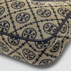 Pre Owned Tory Burch Navy Blue T Monogram Jacquard and Leather Studio Shoulder Bag