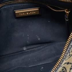 Pre Owned Tory Burch Navy Blue T Monogram Jacquard and Leather Studio Shoulder Bag