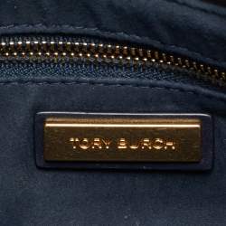 Pre Owned Tory Burch Navy Blue T Monogram Jacquard and Leather Studio Shoulder Bag