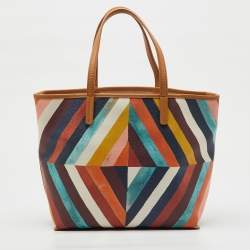 Pre Owned  Tory Burch Multicolor Diamond Stripe Coated Canvas and Leather Kerrington Tote