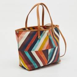 Pre Owned  Tory Burch Multicolor Diamond Stripe Coated Canvas and Leather Kerrington Tote