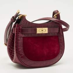 Pre Owned Tory Burch Red Croc Embossed Leather and Suede Lee Radziwill Saddle Bag