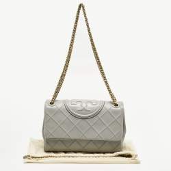 Pre Owned Tory Burch Grey Quilted Leather Fleming Soft Convertible Shoulder Bag