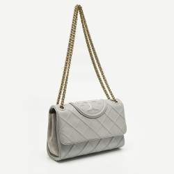 Pre Owned Tory Burch Grey Quilted Leather Fleming Soft Convertible Shoulder Bag