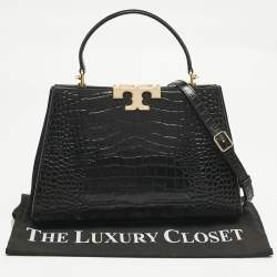 Pre Owned Tory Burch Black Croc Embossed Leather and Suede Eleanor Top Handle Bag