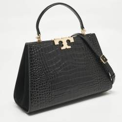 Pre Owned Tory Burch Black Croc Embossed Leather and Suede Eleanor Top Handle Bag
