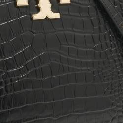 Pre Owned Tory Burch Black Croc Embossed Leather and Suede Eleanor Top Handle Bag