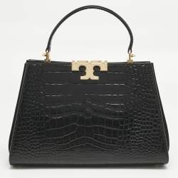 Pre Owned Tory Burch Black Croc Embossed Leather and Suede Eleanor Top Handle Bag