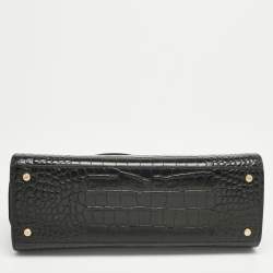 Pre Owned Tory Burch Black Croc Embossed Leather and Suede Eleanor Top Handle Bag
