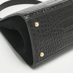 Pre Owned Tory Burch Black Croc Embossed Leather and Suede Eleanor Top Handle Bag