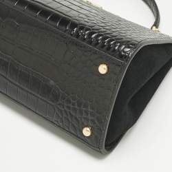 Pre Owned Tory Burch Black Croc Embossed Leather and Suede Eleanor Top Handle Bag