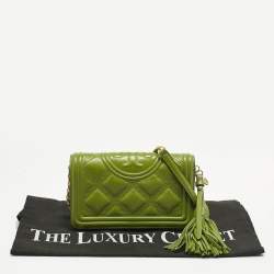 Pre Owned Tory Burch Olive Green Leather Fleming Wallet On Chain