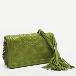 Pre Owned Tory Burch Olive Green Leather Fleming Wallet On Chain