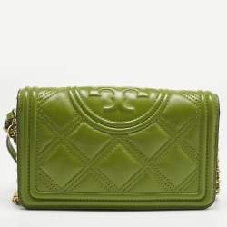 Pre Owned Tory Burch Olive Green Leather Fleming Wallet On Chain