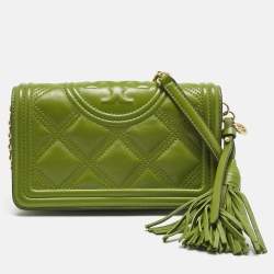 Pre Owned Tory Burch Olive Green Leather Fleming Wallet On Chain