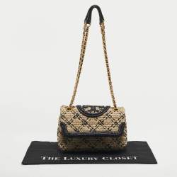 مملوكة مسبقًا Tory Burch Black/Natural Raffia Small Fleming Convertible Shoulder Bag
