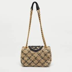 مملوكة مسبقًا Tory Burch Black/Natural Raffia Small Fleming Convertible Shoulder Bag