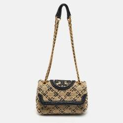 مملوكة مسبقًا Tory Burch Black/Natural Raffia Small Fleming Convertible Shoulder Bag