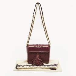 Pre Owned Tory Burch Burgundy Quilted Leather Fleming Tassel Crossbody Bag