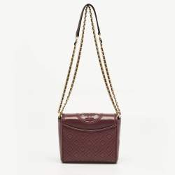 Pre Owned Tory Burch Burgundy Quilted Leather Fleming Tassel Crossbody Bag