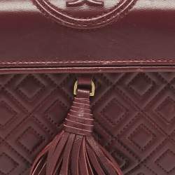 Pre Owned Tory Burch Burgundy Quilted Leather Fleming Tassel Crossbody Bag