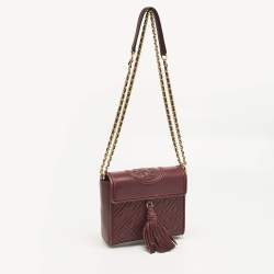 Pre Owned Tory Burch Burgundy Quilted Leather Fleming Tassel Crossbody Bag