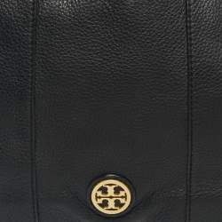 Pre Owned Tory Burch Black Leather Logo Flap Shoulder Bag