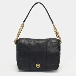 Pre Owned Tory Burch Black Leather Logo Flap Shoulder Bag