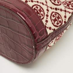 Pre Owned Tory Burch Burgundy T Monogram Fabric and Croc Embossed Leather Chenille Bucket Bag