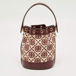 Pre Owned Tory Burch Burgundy T Monogram Fabric and Croc Embossed Leather Chenille Bucket Bag