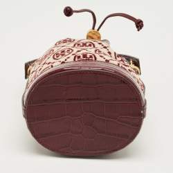 Pre Owned Tory Burch Burgundy T Monogram Fabric and Croc Embossed Leather Chenille Bucket Bag