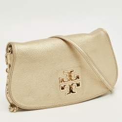 Pre Owned Tory Burch Gold Leather Britten Flap Crossbody Bag