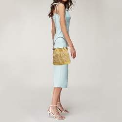 Pre Owned Tory Burch Yellow/Beige Leather and Raffia T Monogram Bucket Bag