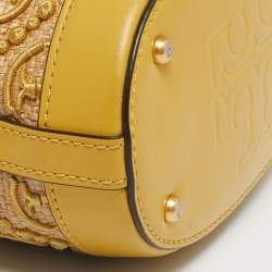 Pre Owned Tory Burch Yellow/Beige Leather and Raffia T Monogram Bucket Bag