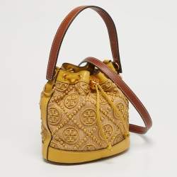 Pre Owned Tory Burch Yellow/Beige Leather and Raffia T Monogram Bucket Bag