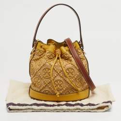 Pre Owned Tory Burch Yellow/Beige Leather and Raffia T Monogram Bucket Bag