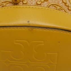 Pre Owned Tory Burch Yellow/Beige Leather and Raffia T Monogram Bucket Bag