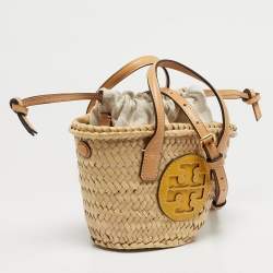 Pre Owned Tory Burch Tan/Natural Straw Mini Ella Basket Tote