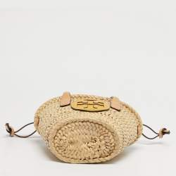 Pre Owned Tory Burch Tan/Natural Straw Mini Ella Basket Tote