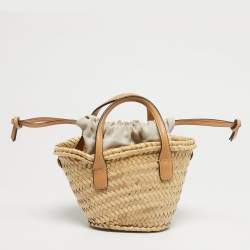 Pre Owned Tory Burch Tan/Natural Straw Mini Ella Basket Tote
