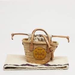 Pre Owned Tory Burch Tan/Natural Straw Mini Ella Basket Tote