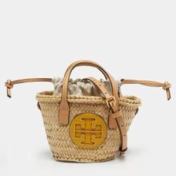 Pre Owned Tory Burch Tan/Natural Straw Mini Ella Basket Tote