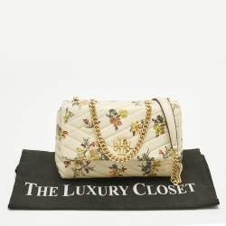 Pre Owned Tory Burch Beige/Yellow Quilted Leather Floral Kira Shoulder Bag