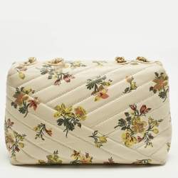 Pre Owned Tory Burch Beige/Yellow Quilted Leather Floral Kira Shoulder Bag