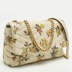 Pre Owned Tory Burch Beige/Yellow Quilted Leather Floral Kira Shoulder Bag