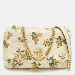 Pre Owned Tory Burch Beige/Yellow Quilted Leather Floral Kira Shoulder Bag