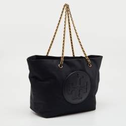 Pre Owned Tory Burch Black Nylon and Leather Ella Chain Tote