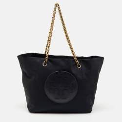 Pre Owned Tory Burch Black Nylon and Leather Ella Chain Tote