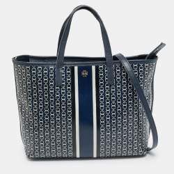 Pre Owned Tory Burch Gemini Link Blue Coated Canvas and Leather Top Zip Tote